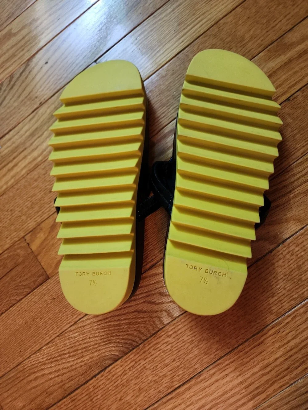 Tory Burch Miller Cloud Yellow Lug Sole Black Patent Leather Flip Flop Sandal